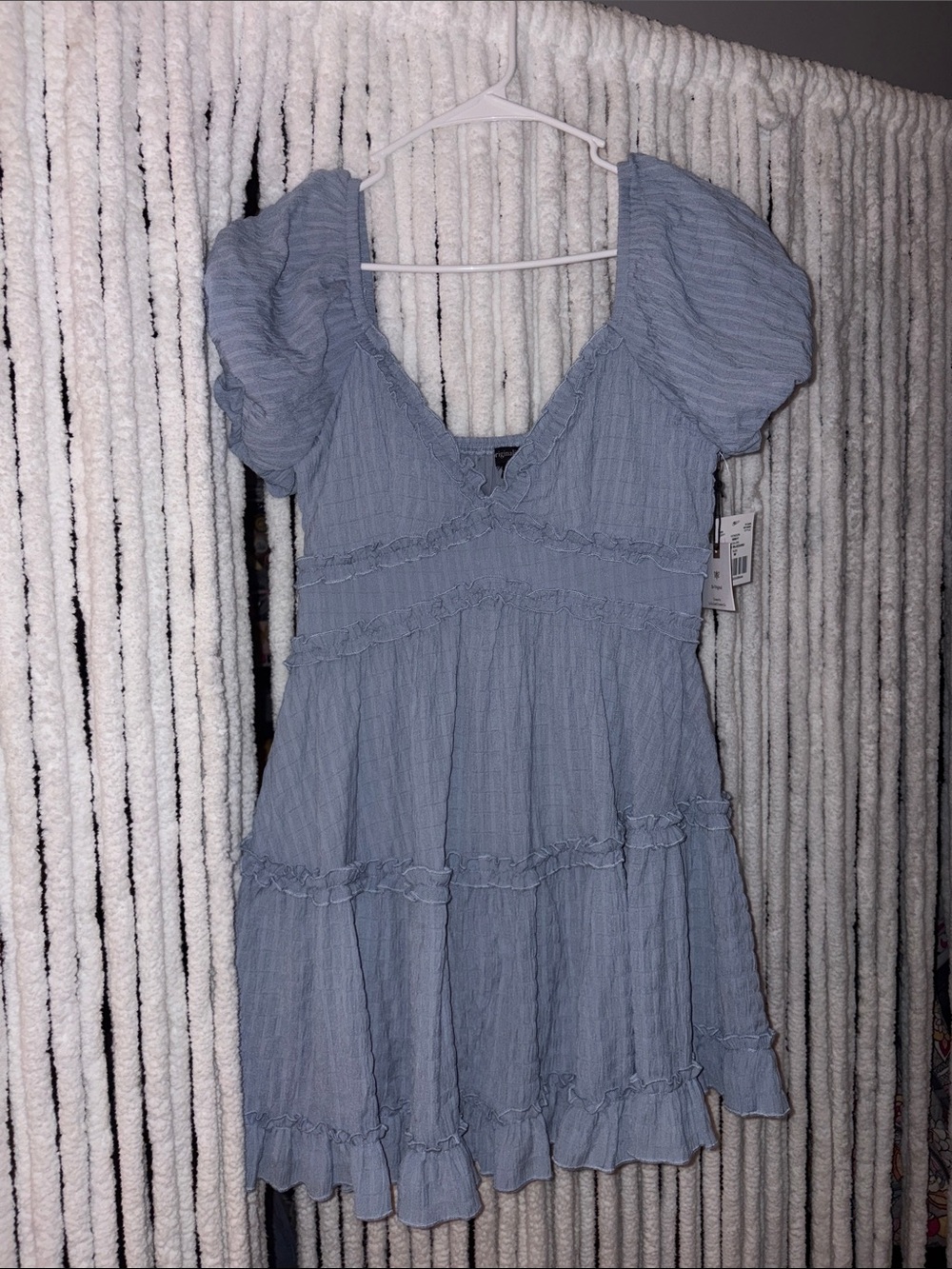 Light Blue Puff-Sleeve Tiered Mini Dress - Women's